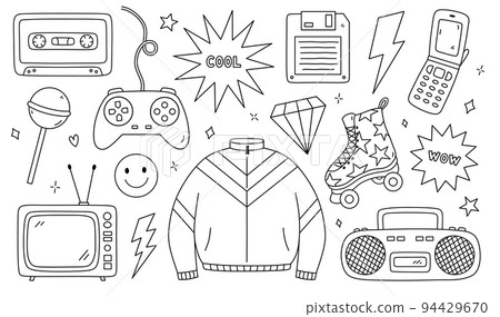 Doodle set of items from the nineties Doodle set of items from the nineties 94429670