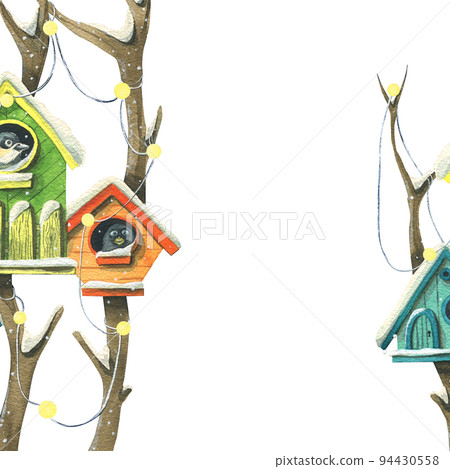 Colorful birdhouses with birds on trees with lights, garlands and snow. Watercolor illustration. Isolated on a white background. For the decoration and design of the new year, Christmas and winter Colorful birdhouses with birds on trees with lights, garlands and snow. Watercolor illustration. Isolated on a white background. For the decoration and design of the new year, Christmas and winter 94430558