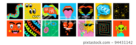 Banner collection of Different colored cartoon comic book characters and abstract shapes and lines Banner collection of Different colored cartoon comic book characters and abstract shapes and lines 94431142