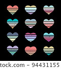 A set of striped colored hearts with the grunge effect 94431155
