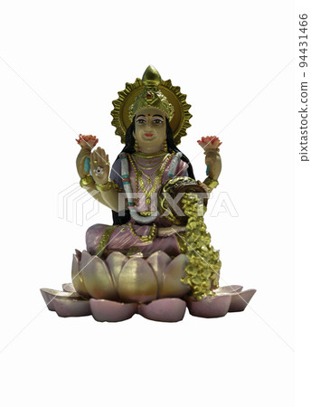 Hindu cosmos Maha laxshmi statue decorated with Flower Garland isolated on white background with clipping path. 94431466