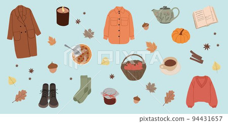 Autumn set - fall leaves, clothes, book, tea, pie, pumpkin and other. Collection of fall season elements. Hello autumn. Vector illustration for invitation,postcard and sticker Autumn set - fall leaves, clothes, book, tea, pie, pumpkin and other. Collection of fall season elements. Hello autumn. Vector illustration for invitation,postcard and sticker 94431657