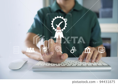 ISO Certification of standards quality control assurance business technology concept. Businessman using virtual screen iso certification icon to guarantee. ISO Certification of standards quality control assurance business technology concept. Businessman using virtual screen iso certification icon to guarantee. 94431875