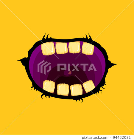 Vector cartoon funny zombie monster open mouth with rotten teeth isolated on orange background. Vector Halloween greeting card with funne orange monster mouth. Cartoon vampire and witch fangs 94432081