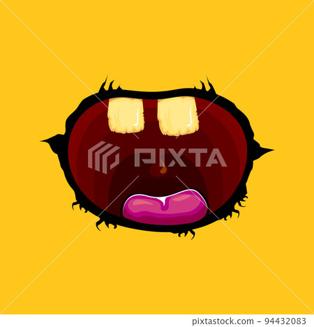 Vector cartoon funny zombie monster open mouth with rotten teeth isolated on orange background. Vector Halloween greeting card with funne orange monster mouth. Cartoon vampire and witch fangs Vector cartoon funny zombie monster open mouth with rotten teeth isolated on orange background. Vector Halloween greeting card with funne orange monster mouth. Cartoon vampire and witch fangs 94432083
