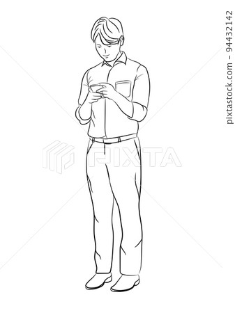 Drawing Black Outline Businessman standing and using the smartphone for connection technology isolated white background 94432142
