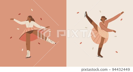 Hand drawn vector abstract graphic Merry Christmas and Happy new year illustration figure ice skating people.Christmas cute design background.Winter holiday art concept.Modern creative greeting card. 94432449