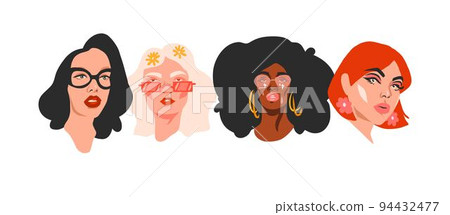 Hand drawn vector abstract stock flat graphic illustration collection set with retro vintage groovy disco 60s,70s boho modern diverse woman portraits faces.Disco funky modern concept art design. Hand drawn vector abstract stock flat graphic illustration collection set with retro vintage groovy disco 60s,70s boho modern diverse woman portraits faces.Disco funky modern concept art design. 94432477