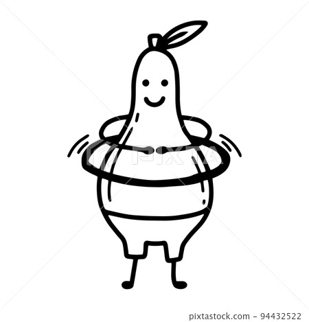 Cute pear twists the hoop. Sports, hobbies, exercise. Doodle style. Vector pear in kawaii style. Sports healthy pear. The concept of doing sports. 94432522