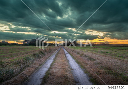 Dirt road through the fields and cloudy sky Dirt road through the fields and cloudy sky 94432801
