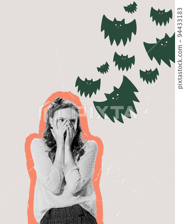 Contemporary art collage. Young girl standing in fear and covering face from flying bats. Autumn spooky season 94433183