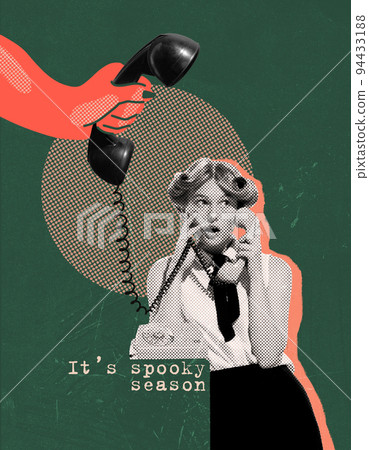 Contemporary art collage. Young stylish girl talking on phone. Monster hand. Spooky season 94433188