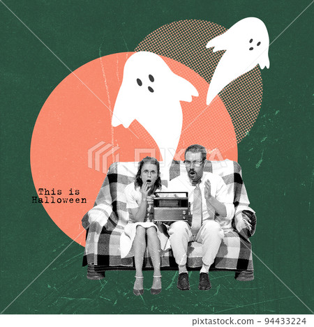 Contemporary art collage. Couple, man and woman sitting on sofa and looking horror movie. Spooky ghosts 94433224