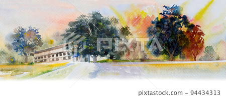 Colorful panorama background. Watercolor landscape painting. 94434313