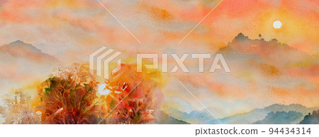 Imagination colorful panorama background. Watercolor landscape painting. Imagination colorful panorama background. Watercolor landscape painting. 94434314
