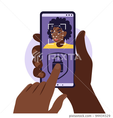 Face recognition and identification, face ID concept. Hands with phones with biometric identification. Vector illustration. Flat 94434329