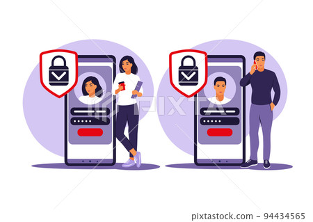 Sign up concept. Young people signing up or login to online account on smartphone app. Secure login and password. Vector illustration. Flat. 94434565