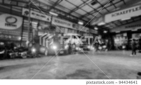Black and White Blur Line of body Car with the equipment repair station in the garage shop. fix maintenance or checking by mechanic workshop. Business about of car or vehicle concept. 94434641