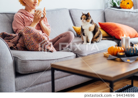 Unrecognizable woman in plaid holding cup of tea or coffee, watching movie, TV with multicolored cat on the sofa at home, decorated for fall holidays. Cozy and comfortable autumn. Selective focus. 94434696