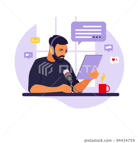 Male podcaster talking to microphone recording podcast in studio. Radio host with table flat vector illustration. Male podcaster talking to microphone recording podcast in studio. Radio host with table flat vector illustration. 94434759