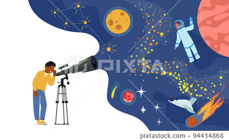 Little Curious Boy Look In Telescope, Child Studying Astronomy Watching on Moon, Stars Planets in Sky With Milky Way 94434868