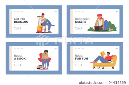Students Characters Reading Books Landing Page Template Set. Young Multiracial Diverse Men And Women Reading Textbooks 94434869