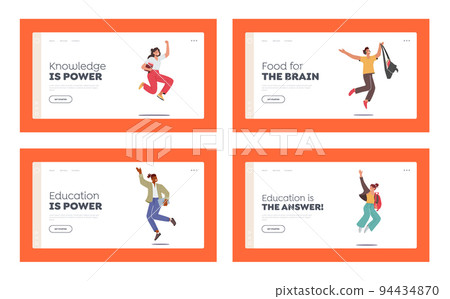 Happy Students Jumping Landing Page Template Set. Schoolboys or Schoolgirls Characters with Backpacks and Textbooks Happy Students Jumping Landing Page Template Set. Schoolboys or Schoolgirls Characters with Backpacks and Textbooks 94434870