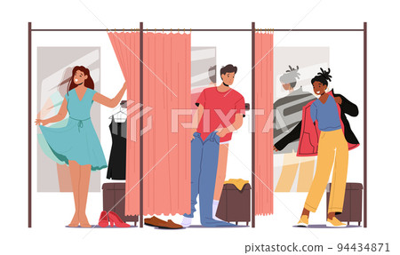 Men and Women Trying on Closes in Store Changeroom, Young People in Fitting Room, Male Female Characters Choose Apparel Men and Women Trying on Closes in Store Changeroom, Young People in Fitting Room, Male Female Characters Choose Apparel 94434871