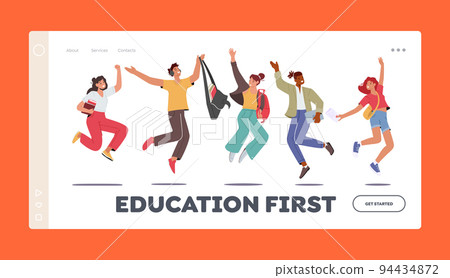Back to School, Education Landing Page Template. Happy Students Characters Jumping with Backpacks and Textbooks Back to School, Education Landing Page Template. Happy Students Characters Jumping with Backpacks and Textbooks 94434872