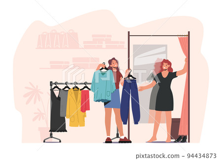Young Woman Choose Fashioned Dress in Store, Sales Woman Assistant Offer Garment of New Collection Standing near Hanger Young Woman Choose Fashioned Dress in Store, Sales Woman Assistant Offer Garment of New Collection Standing near Hanger 94434873