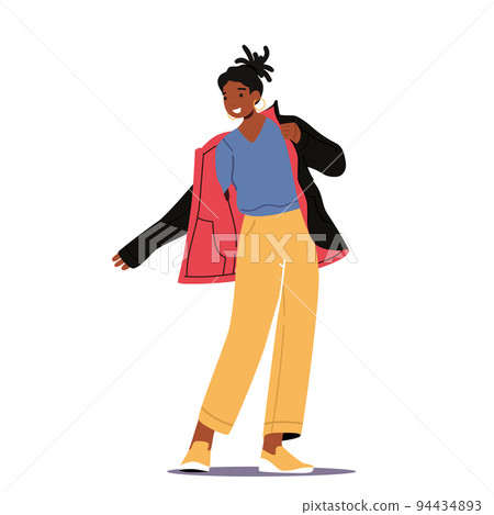 African Female Character Dressing Up Warm Coat. Woman Put on Winter or Autumn Clothes Prepare to go Outside 94434893