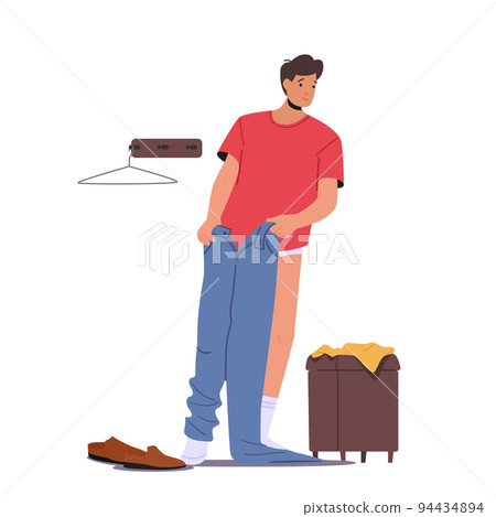 People Fitting Clothes in Store Concept. Young Male Character Dressing Up Trousers in Shop Cabin with Hangers and Couch 94434894