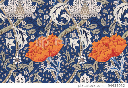 Floral seamless pattern with big red flowers on dark blue background. Vector illustration. 94435032