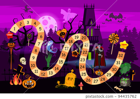 Halloween Game board with characters and candy. Kids step boardgame Halloween Game board with characters and candy. Kids step boardgame 94435762