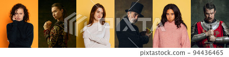 Portraits of diverse people, modern youth and medieval persons in vintage clothing expressing different emotions on dark multicolored background. Portraits of diverse people, modern youth and medieval persons in vintage clothing expressing different emotions on dark multicolored background. 94436465