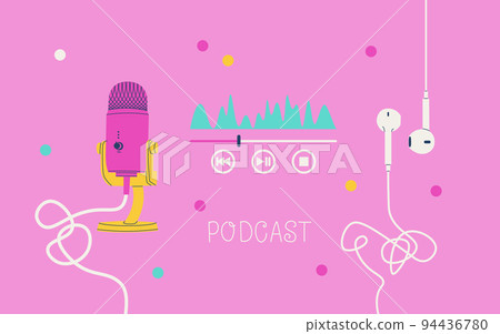 Cool purple cover or banner for a podcast channel. Studio microphone, audio player equalizer and wired headphones. Vector EPS 10. 94436780