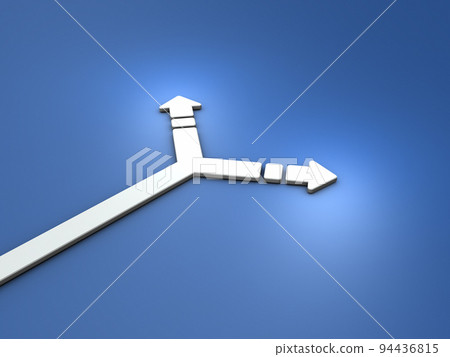 An arrow that splits left and right. Abstract concept representing crossroads and choices. cool blue background. An arrow that splits left and right. Abstract concept representing crossroads and choices. cool blue background. 94436815