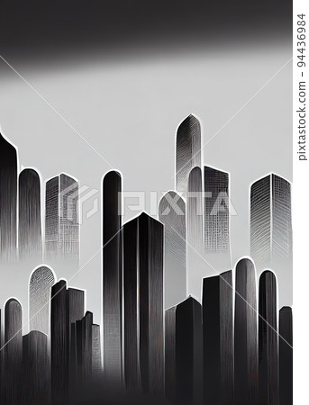 Black and white skyscraper landscape graphic illustration. Digital illustration based on render by neural network Black and white skyscraper landscape graphic illustration. Digital illustration based on render by neural network 94436984