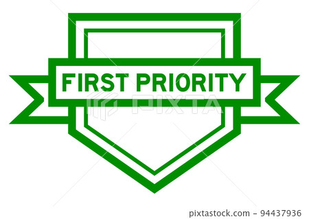 Vintage pentagon label banner with word first priority in green color on white background 94437936
