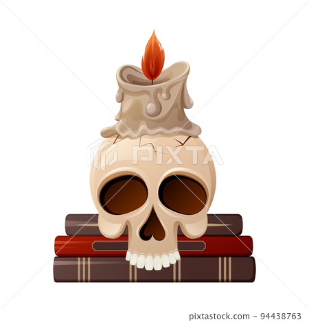 Skull without lower jaw with cracks on witch books. Burning wax candle. Cartoon vector Skull without lower jaw with cracks on witch books. Burning wax candle. Cartoon vector 94438763