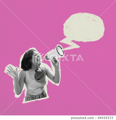 Young girl in retro style outfit with megaphone isolated on abstract background. Contemporary art collage. Inspiration, idea, trendy. Young girl in retro style outfit with megaphone isolated on abstract background. Contemporary art collage. Inspiration, idea, trendy. 94439153