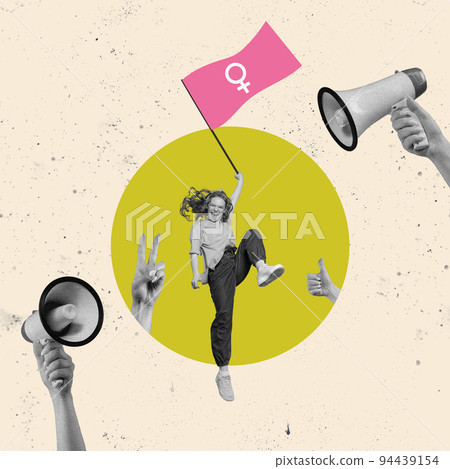 LGBT rights and people equality concept. Young girl with LGBT flag over light background. Contemporary art. Creative conceptual and colorful collage. LGBT rights and people equality concept. Young girl with LGBT flag over light background. Contemporary art. Creative conceptual and colorful collage. 94439154