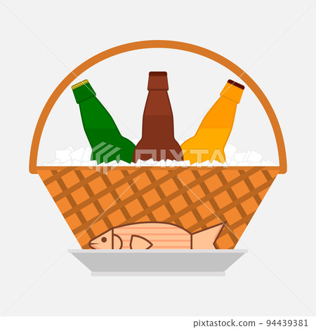 Bottles of beer in a wicker basket with ice cubes and fish on a plate. Vector illustration in flat style on white background.  94439381