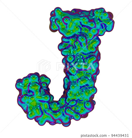 Letter J made of iridescent liquid with small drops, isolated on white, 3d rendering 94439431
