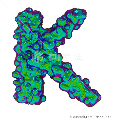 Letter K made of iridescent liquid with small drops, isolated on white, 3d rendering 94439432
