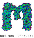 Letter M made of iridescent liquid with small drops, isolated on white, 3d rendering 94439434
