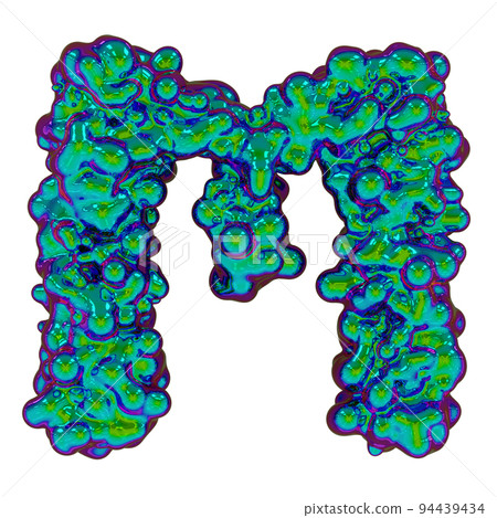 Letter M made of iridescent liquid with small drops, isolated on white, 3d rendering 94439434