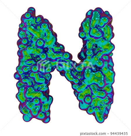 Letter N made of iridescent liquid with small drops, isolated on white, 3d rendering 94439435