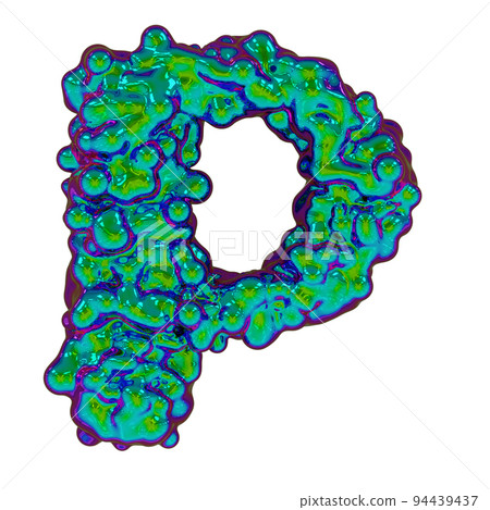 Letter P made of iridescent liquid with small drops, isolated on white, 3d rendering 94439437