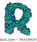 Letter R made of iridescent liquid with small drops, isolated on white, 3d rendering 94439439